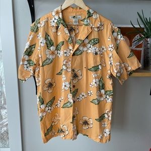 Joe Marlin Papaya Orange Yellow Tropical Floral Button Down Short Sleeve Shirt L